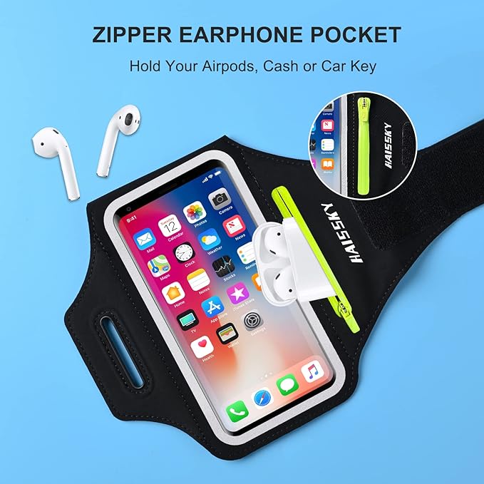 Phone Armband for Running Cell Phone Armband with Zipper Pocket for Earbuds Car Keys, Water Resistant Sport Arm Band for iPhone 16 15 12 11 Pro Galaxy S24 S20 Fit Up to 6.7'' with Phone Case-StrideForce Fitness