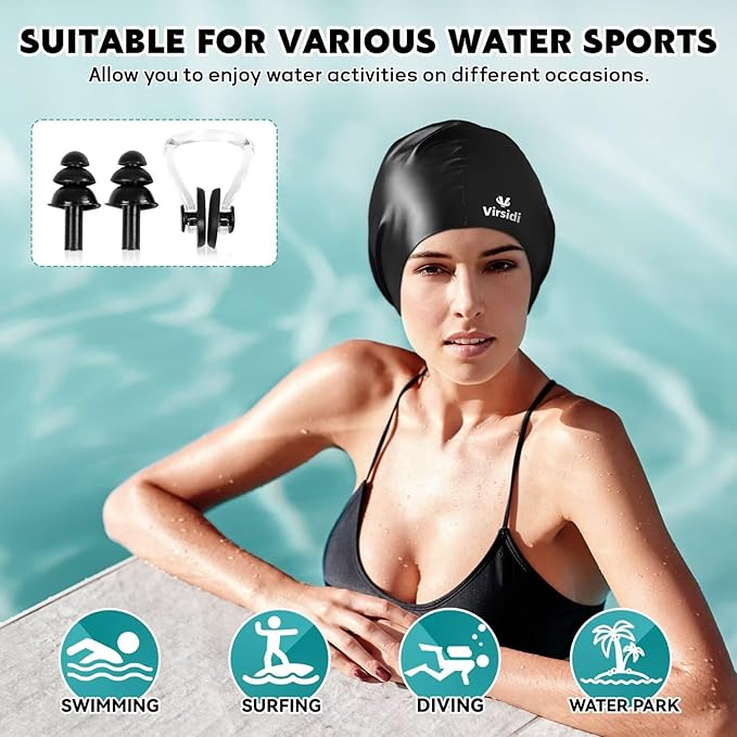 2 Pack Swim Cap for Women Men Adult, Silicone Swimming Caps for Short Long Hair, Waterproof Swim Hats Bathing Caps to Keep Hair Dry with Nose Clip and Earplugs-StrideForce Fitness