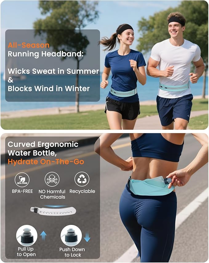 Running Belt for Women and Men, Adjustable Fanny Packs No Bounce Phone Holder for Running with Water Bottle & Headband, Waterproof Reflective Waist Packs for Runner Fits All Phones (L-Blue)