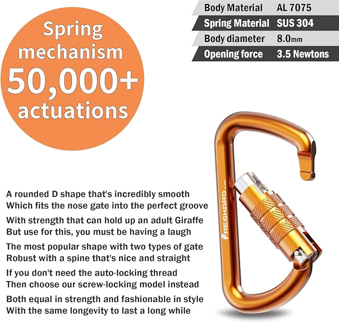 FresKaro 3inch 12kN-2698lbs Auto Locking Carabiner Clips, Solid D Shape, Heavy Duty 7075 Aluminum, Lightweight 1.09oz, Rust Proof, for Hammock, Hiking, Dog Leash, Keychain etc., Multi-Colors-StrideForce Fitness