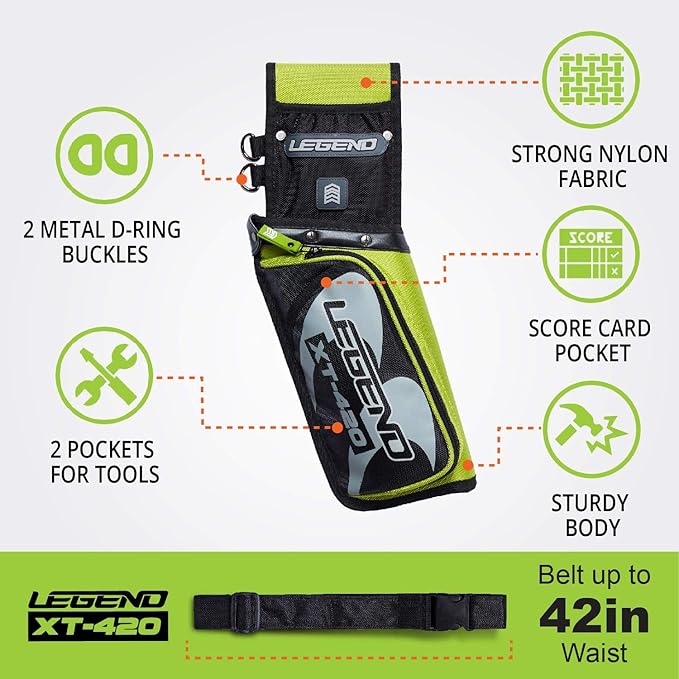Legend XT420 Field Quiver - Left or Right-Handed Quiver Arrow Holder, Archery Quiver with 3 Arrow Tube, Durable Nylon Hip Quivers with Multiple Pockets for Archery Accessories, Score Card & Tools-StrideForce Fitness