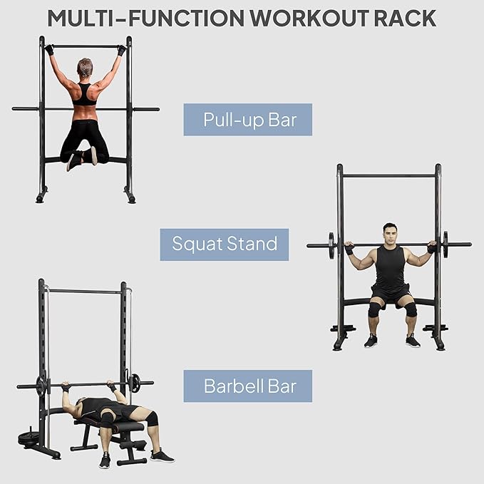 Soozier Squat Rack with Pull-Up Bar, Adjustable Power Rack with Barbell Bar, Multi-Functional Bench Press Rack for Home Gym Strength Training-StrideForce Fitness