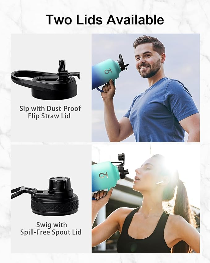 Trebo Half Gallon Water Bottle Insulated with Handle, 64 oz Double Wall Stainless Steel Metal Large Jug, Travel Flask with Straw Spout Lid, Mug Tumbler Cup with Carry Pouch, Keep Cold Hot, Blue-StrideForce Fitness