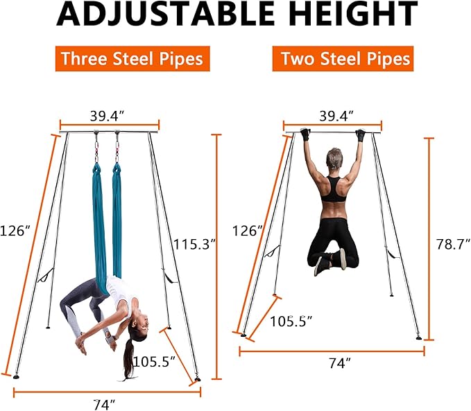TECSPEC 9.6 FT/115.3 Inch Adjustable Height Aerial Yoga Frame & Hammock, Professional Swing Stand with 18 FT/33FT Aerial Silk, 550lbs Max Capacity-StrideForce Fitness