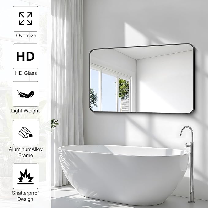 30x48 inch Bathroom Mirror,Black Rectangle Mirror,Wall Mounted Bathroom Frame Vanity Mirror with Round Corner for Bedroom Living Room, Entryway Hangs Horizontal or Vertical-StrideForce Fitness