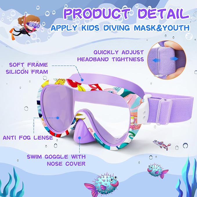 Kids Swim Goggles with Nose Cover, 180° Panoramic Snorkel Mask with Anti-Fog & Anti-Leak Design, Comfort Fabric Strap UV Protection Lens for Boys Girls Ages 3-15-StrideForce Fitness