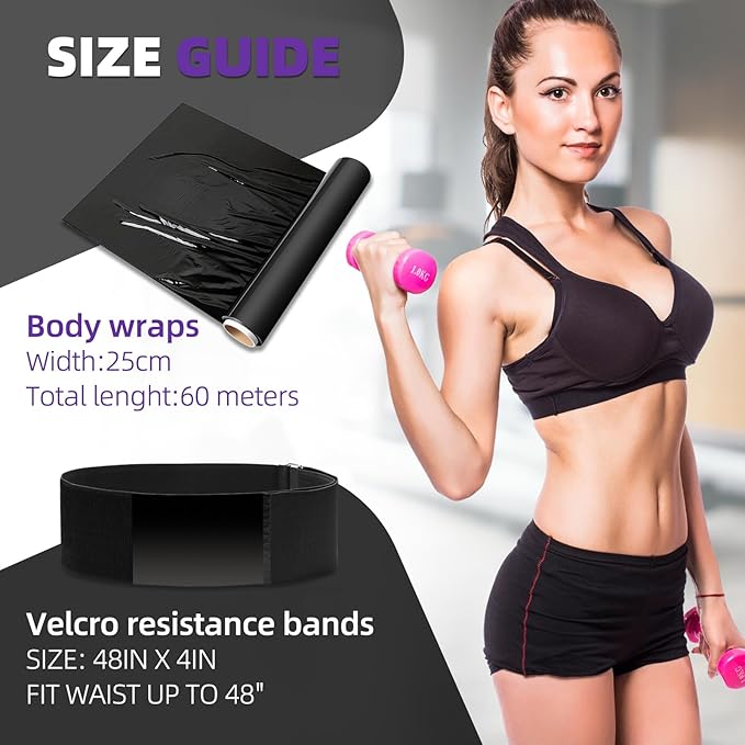 4 Rolls 60 Meters Black Osmotic Plastic Body Wrap Exercise & Fitness Sweat Enhancer Anti-Shedding Yoga Training Band Set, DIY Sauna Wrap Pilates Workout-StrideForce Fitness