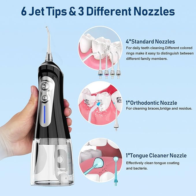 NBGRLVS Water Dental Flosser Cordless - Rechargeable IPX7 Waterproof Teeth Pick Flossing Cleaner,Portable 320ml Tank 6-Mode Oral Irrigator for Teeth/Braces/Tongue,Storage Box for Travel & Home