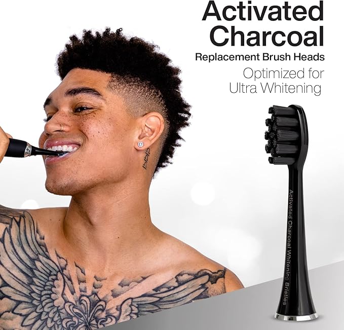 AquaSonic Genuine 2-Pack Activated Charcoal Brush Heads - Ultra Whitening Brush Heads - 2X Whitening & Stain Remover - for Black Series & Pro, Vibe Series, Duo Pro Series (Black)