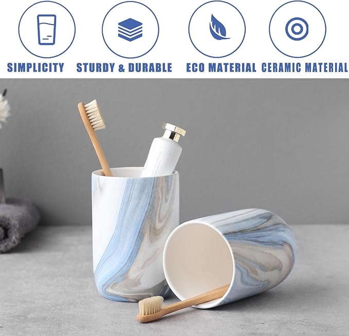 Blue Marble Toothbrush Holders - 2 Ceramic Toothbrush Holders for Bathrooms Toothbrush Toothpaste Holders Set, Bathroom Tumbler Cups Reusable Toothbrush Mouthwash Cup, Bathroom Counter Organizer.