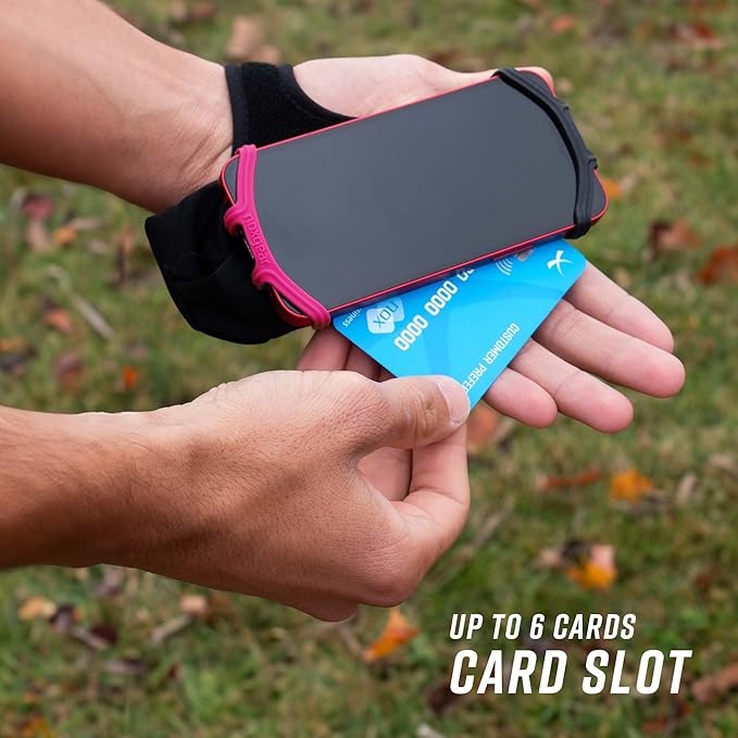 Noxgear Hand Held Phone Holder - Handheld Grip Phone Holder with Key Fob & Card Slot for Running, Jogging & Working Out - Compatible with All Phones - Machine Washable (Raspberry, Right Hand)