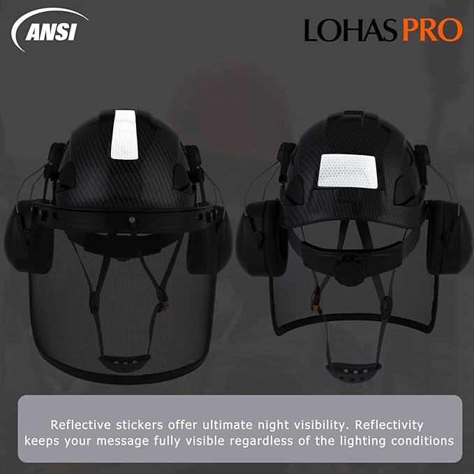 LOHASPRO Forestry Safety Helmet Chainsaw Helmet with Mesh Face Shield and Ear Muffs for Tree Logging Cutting Wood Arborist Helmet (Black Graphite Pattern with Mesh Face Shield+Earmuff)-StrideForce Fitness