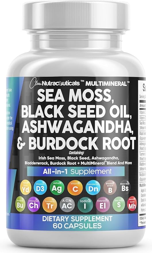 Clean Nutraceuticals Sea Moss Black Seed Oil Ashwagandha Turmeric Bladderwrack Burdock & Vitamin C Vitamin D3 with Elderberry Manuka Dandelion Yellow Dock Iodine Chlorophyll ACV-StrideForce Fitness