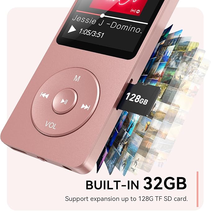 AGPTEK A02 MP3 Player with Bluetooth 5.3, 1.8 inch Screen Portable Music Player with Speaker, FM Radio, Voice Recorder, Supports Expanded Up to 128GB(Rose Gold, 32GB)-StrideForce Fitness