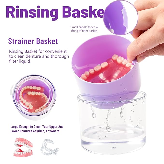 Denture Case, Leak Proof Denture Bath Cup, Full & Partial Denture Clean Holder Box with Strainer, Denture Brush, Denture Soaking Container Cups for Dentures, Retainers, Mouth Guard Case (Purple)