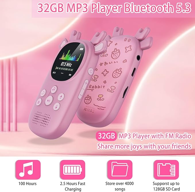 32GB MP3 Players for Kids, Cute Reindeer Portable Music Bluetooth Kid MP3 Player, Child MP3 Player with Bluetooth 5.3,Speaker, FM Radio, Alarm Clock, Voice Recorder, Stopwatch (Support up to 128GB)-StrideForce Fitness