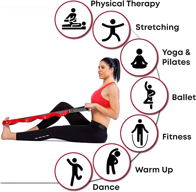 Stretching Strap with Loops - Non Elastic Stretch Band for Physical Therapy, Yoga Strap for Stretching Equipment, Stretch Bands for Exercise and Flexibility - Fascia, Hamstring & Leg Stretcher Belt-StrideForce Fitness