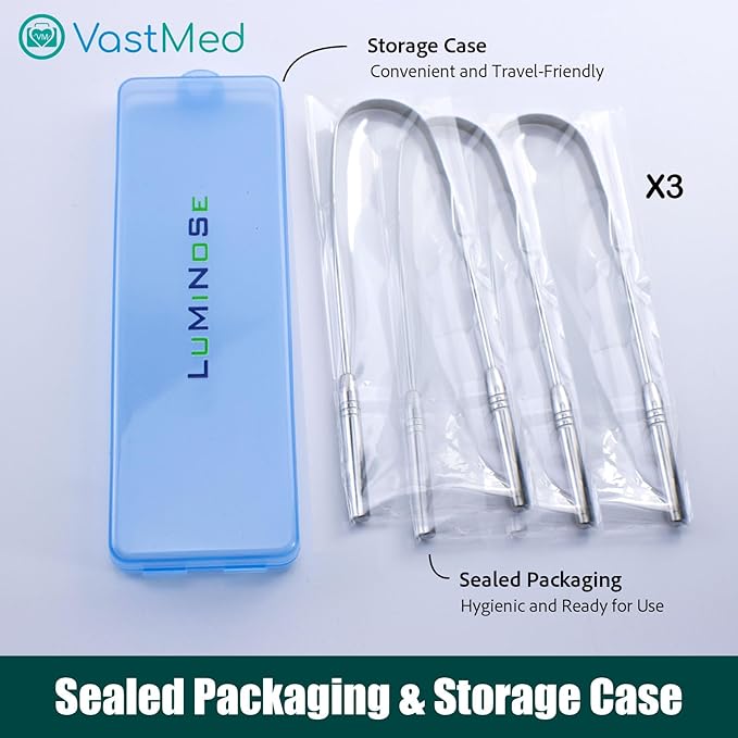 3 PCs Medical Grade Tongue Scraper by Vastmed | Stainless Steel Tongue Cleaner, Metal Tongue Scraper with Travel Bag | Tongue Scrubber for Bad Breath, Boost Oral Hygiene