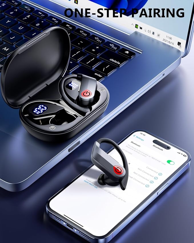 EUQQ Ear Buds Wireless Bluetooth Earbuds, Noise Cancelling Headphones 120H Playtime，IPX7 Waterproof Sports with Earhooks,LED Display Wireless Earphones for Running Gym Workout-Black-StrideForce Fitness