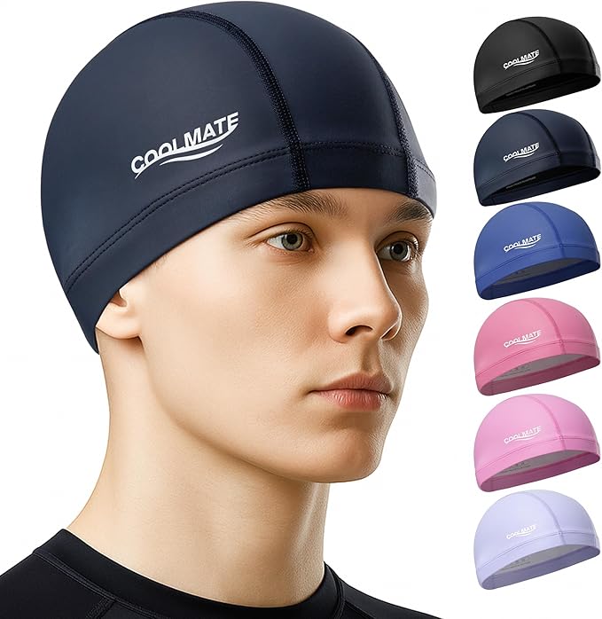 COOLMATE Fabric Swim Cap for Adult Women Men Kid 3 4 6 8 14 16, Silicone Water Resistant Layer, Cloth Swim Cap Gifts for Swimmers, Lightweight for Pool, Lap Swimming (1 pc)-StrideForce Fitness