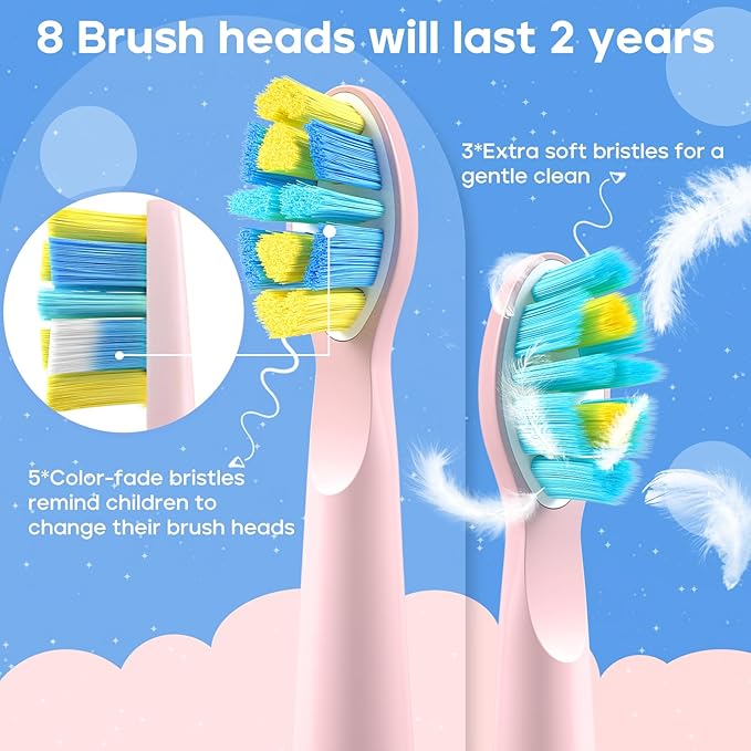 SEAGO Kids Electric Toothbrush, Rechargeable Sonic Soft Bristle Toothbrushes with 8 Brush Heads, DIY Stickers and 5 Modes, Ideal for Kids and Children, Ages 3–12,SG2303(Pink)