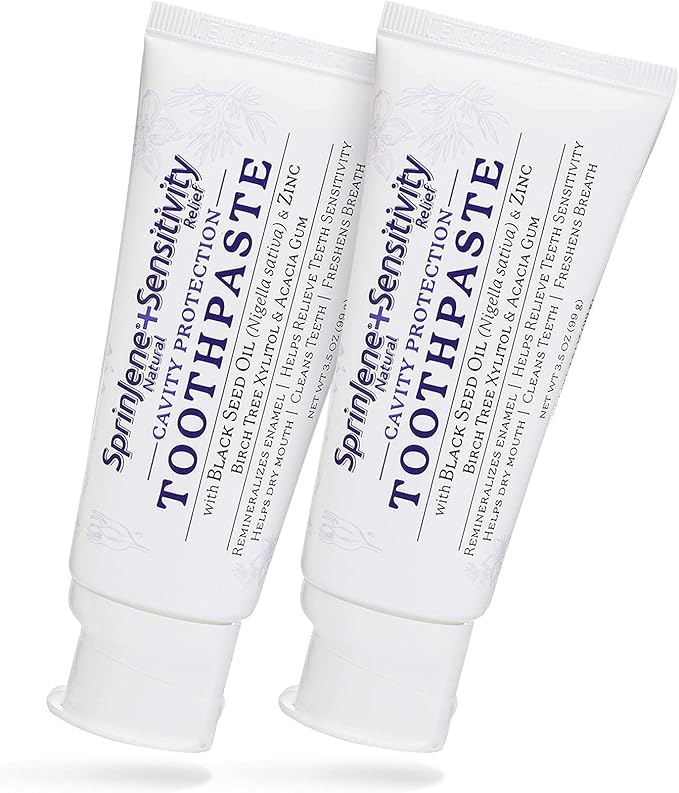 SprinJene Natural Toothpaste + Sonic Toothbrush - Cavity Protection for Sensitivity Relief of Teeth and Gums with Fluoride, Fresh Breath, Helps Dry Mouth - Vegan, Dye-Free, and SLS Free Toothpaste