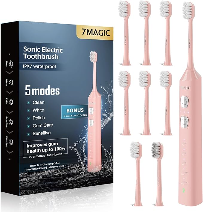 7MAGIC Sonic Electric Toothbrush for Adults and Kids - Up to 180 Days Runtime, 42000 VPM Powered Toothbrush, 5 Modes & 3 Intensities for Sensitive Teeth & Braces, Includes 8 Brush Heads, Pink