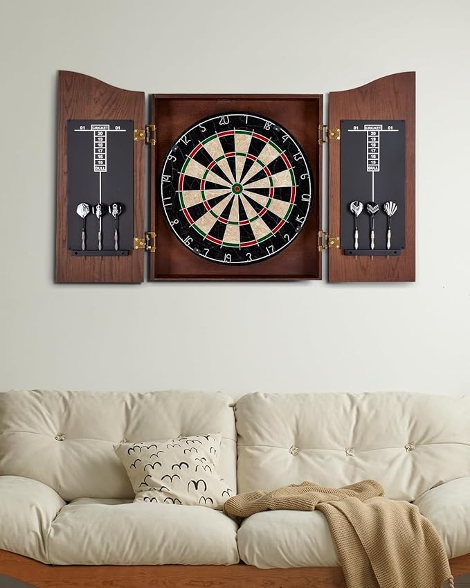 Sisal Dart Board Cabinet Sets, Decorative Dart Boards for Adults [6*Steel Darts] - Wooden Dartboard Cabinet with Integrated Scoreboard for Family Game Rooms-StrideForce Fitness