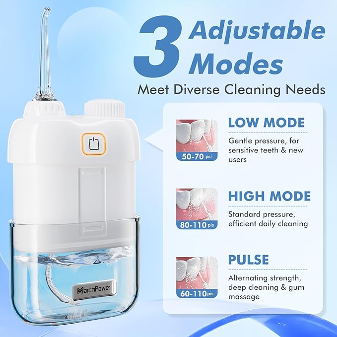 Portable Water Flosser for Travel, Mini Water Flosser with 3 Cleaning Modes, Foldable Water Tank, Long Battery Life & IPX7 Waterproof, Ideal for Orthodontic Patients and Braces Wearers