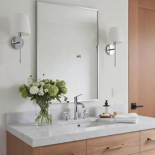 24x36 Inch Nickel Bathroom Mirror for Wall, Aluminum Frame Rectangle Rectangular Vanity Mirror, Modern Large for Bedroom, Living Room, Horizontal or Vertical-StrideForce Fitness