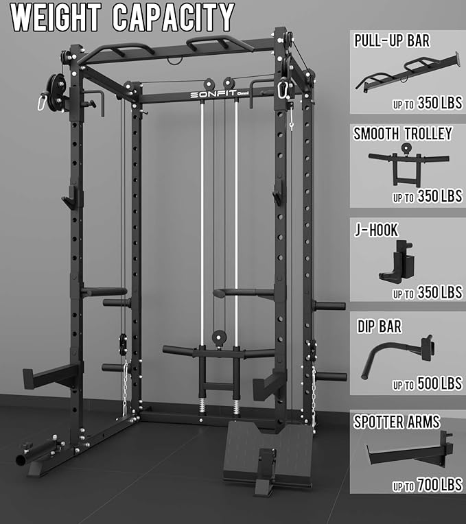 Eonfit E2 Power Cage，1500LB Squat Rack with Cable Crossover System.Multi-Function Power Rack for Home Gum.All-in-One Squat Rack with More Training Attachments-StrideForce Fitness
