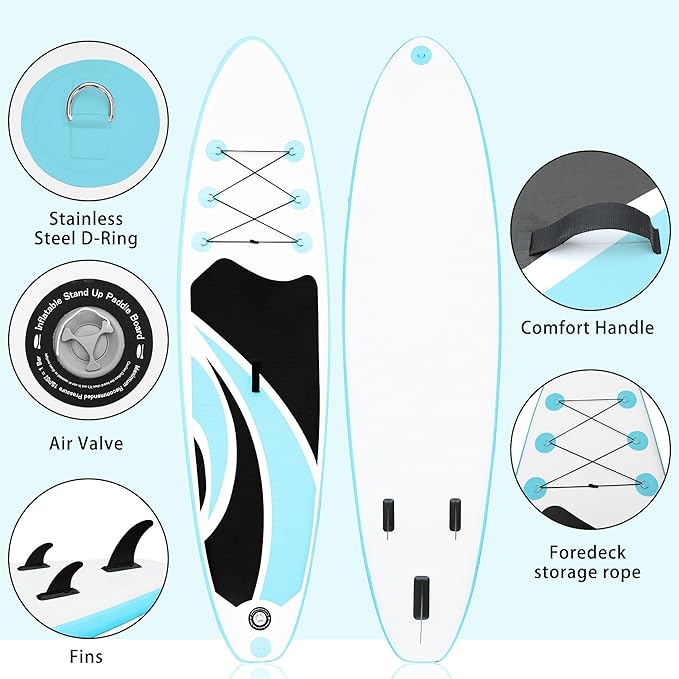 Inflatable Stand Up Paddle Board 10‘x30‘‘- Ultra-Light SUP with Backpack, Pump, Paddle, Coil Leash, 3 Fins, Repair Kit, Stable Design, Non-Slip EVA Deck for Adults & Youth-StrideForce Fitness