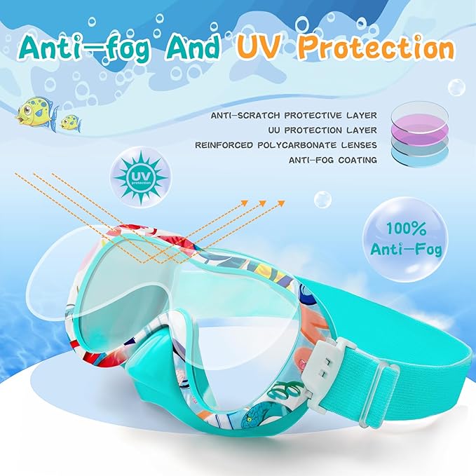 Kids Swim Goggles with Nose Cover, 180° Panoramic Snorkel Mask with Anti-Fog & Anti-Leak Design, Comfort Fabric Strap UV Protection Lens for Boys Girls Ages 3-15-StrideForce Fitness
