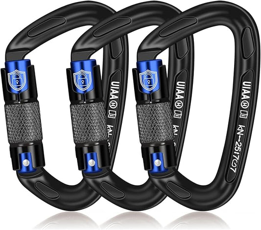 BEIFENG 25KN Auto Locking Carabiner - UIAA Certified Heavy Duty Climbing Carabiners for Rock Climbing, Camping, Rappelling, Hunting, Rescue Equipment - Professional Carabiner Clips (Black)-StrideForce Fitness