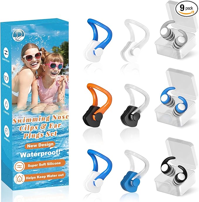 Swimming Nose Clip Ear Plugs - 9 Packs Silicone Swim Nose Plugs with Earplugs for Adult,Waterproof Pool Nose Plug for Diving Surfing and Other Water Sports with Storage Box,Multi-Color-StrideForce Fitness