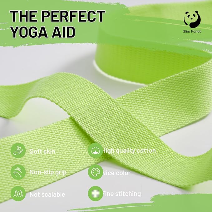 Slim Panda Yoga Strap for Stretching,Cotton Yoga Strap with Adjustable D-Ring Buckle,Non-Elastic Yoga Belt for Pilates,Gym Workouts,Physical Therapy,Improve Flexibility-StrideForce Fitness