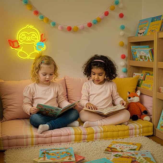 Sloth Neon Sign,Classroom Neon SIign,Neon Sign for Classroom,LED Light Up Reading Coffee Sign for Bedroom,Living Room,Home Office,Kids Room,Cute Animal Neon Wall Art for Book Lovers-StrideForce Fitness