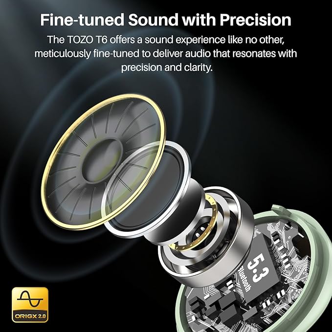 TOZO T6 Wireless Earbuds, IPX8 Waterproof Ear Buds, Stereo Bass Sound Bluetooth 5.3 Headphones in Ear, 50 Hours Playtime Earphones, Wireless Charging Case, Custom 32 EQ via APP-StrideForce Fitness