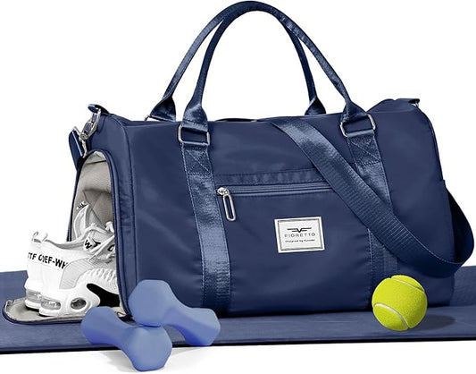 FIORETTO Womens Gym Tote Duffle Bag with Wet Pocket & Shoe Compartment, Sports Duffel Overnight Weekender Hospital Workout Carry on Bag for Girls, Ideal for Travel, Swimming, Dance, Ballet Navy Blue-StrideForce Fitness