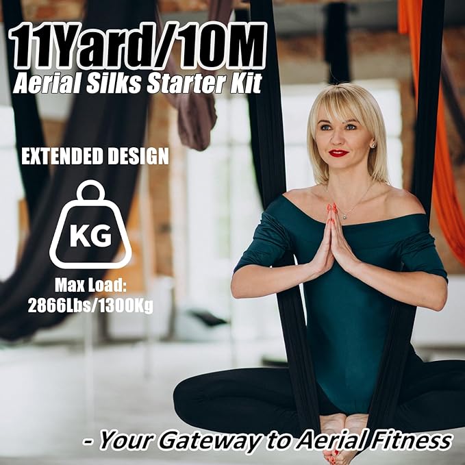 Aerial Silks Kit & Aerial Yoga Hammock - 11Yd Premium Fabric Hardware - Easy Setup for Flying Yoga, Aerial Swing & Fitness - Supports Up to 14ft Rigging-StrideForce Fitness