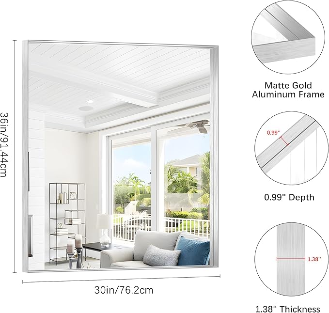 Silver Bathroom Mirror, 30x36 Inch Rectangular Framed Mirror, Large Wall Mounted Bathroom Vanity Mirror Over Sink for Bedroom,Restroom, Living Room, Hangs Vertically or Horizontally-StrideForce Fitness