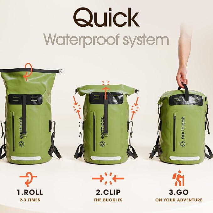 Earth Pak Waterproof Backpack - Heavy Duty Hiking Backpack - Roll-Top Closure Bag - Cushioned Dry Bag Waterproof Phone Case-StrideForce Fitness