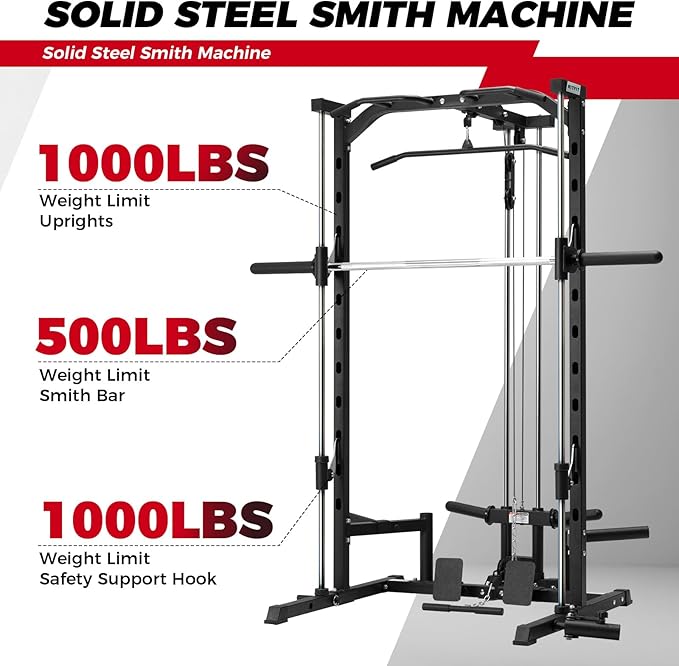 RitFit Smith Machine Power Rack with LAT-Pull Down System, Landmine, Barbell Bar, Plate Storage Pegs and More Training Attachment-StrideForce Fitness