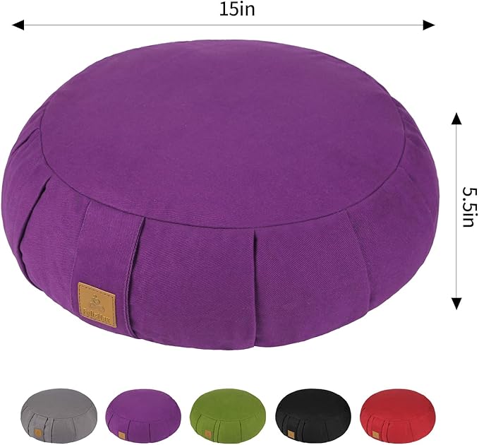 Round Zafu Meditation Cushion, D=15" H=5.5" Zabuton Meditation Pillow, Yoga Bolster/Pillow, Floor seat, Zippered Organic Cotton Cover, Natural Buckwheat, Kneeling Pillow-StrideForce Fitness