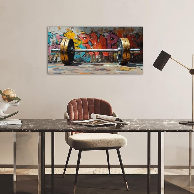VANSEEING Graffiti Gym Wall Art Canvas Prints Barbell Weightlifting Fitness Picture Sport Motivational Artwork Oil Painting Wall decor for Workout Bedroom Fitness Boys Room 40x20 inch-StrideForce Fitness