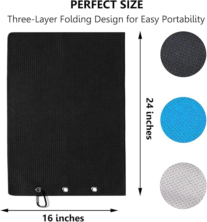 3 Pack Large Golf Towels, 16" x 24" Tri-Fold Portable Microfiber Fabric Waffle Pattern Golf Towel for Golf Bag with Carabiner Clip to Quickly Remove Sand, Mud, Dirt and Sweat-StrideForce Fitness