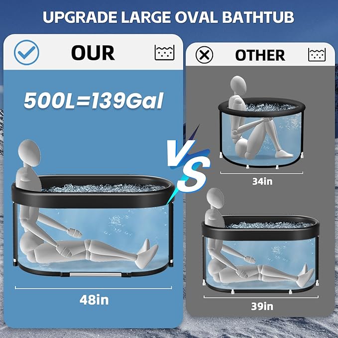 New Upgrade XL 139-Gallon Oval Ice Bath Tub - 6 Layered Portable Bathtub, Drop-In Bathtubs Foldable with Cover Cold Plunge Tub for Athletes, Home Gym, Outdoor Recovery Use.-StrideForce Fitness
