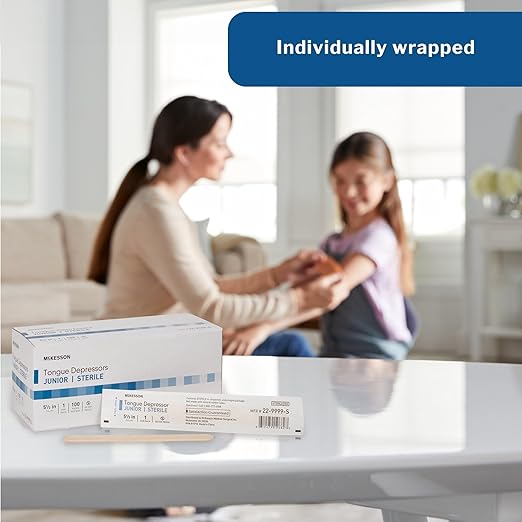 McKesson Tongue Depressors [100 Count] Junior Size, Sterile, Individually Wrapped, Wood, Unflavored, Splinter-Free, 5.5 in – Use for Medical, Arts, Crafts, Spa