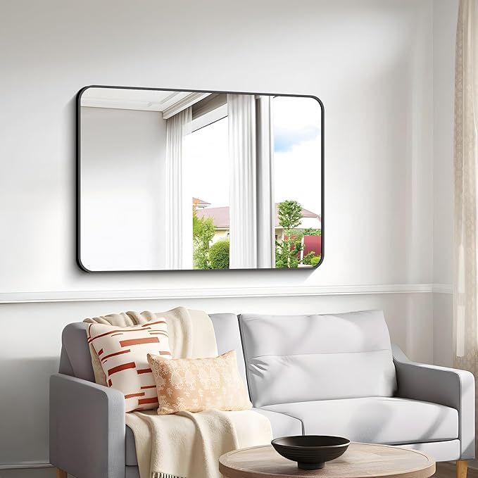 30x40 inch Bathroom Mirror,Black Rectangle Mirror,Wall Mounted Bathroom Frame Vanity Mirror with Round Corner for Bedroom Living Room, Entryway Hangs Horizontal or Vertical-StrideForce Fitness