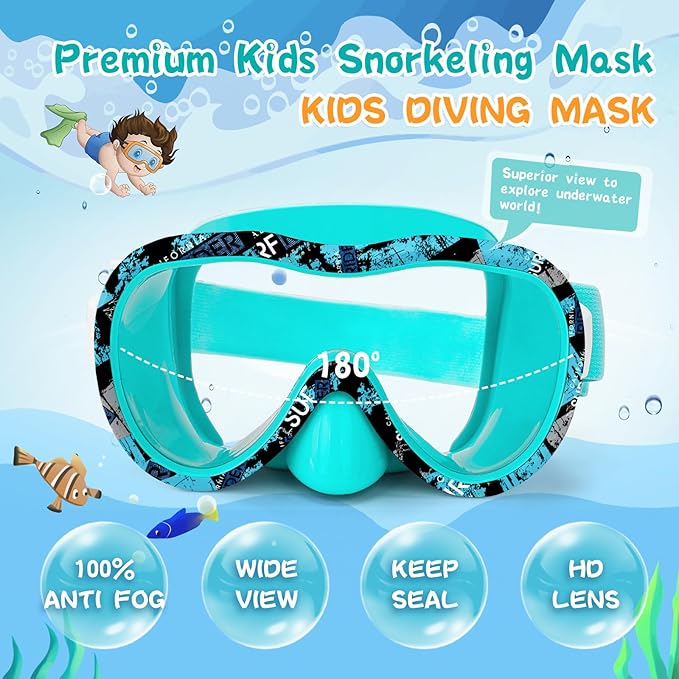 Kids Swim Goggles with Nose Cover, 180° Panoramic Snorkel Mask with Anti-Fog & Anti-Leak Design, Comfort Fabric Strap UV Protection Lens for Boys Girls Ages 3-15-StrideForce Fitness
